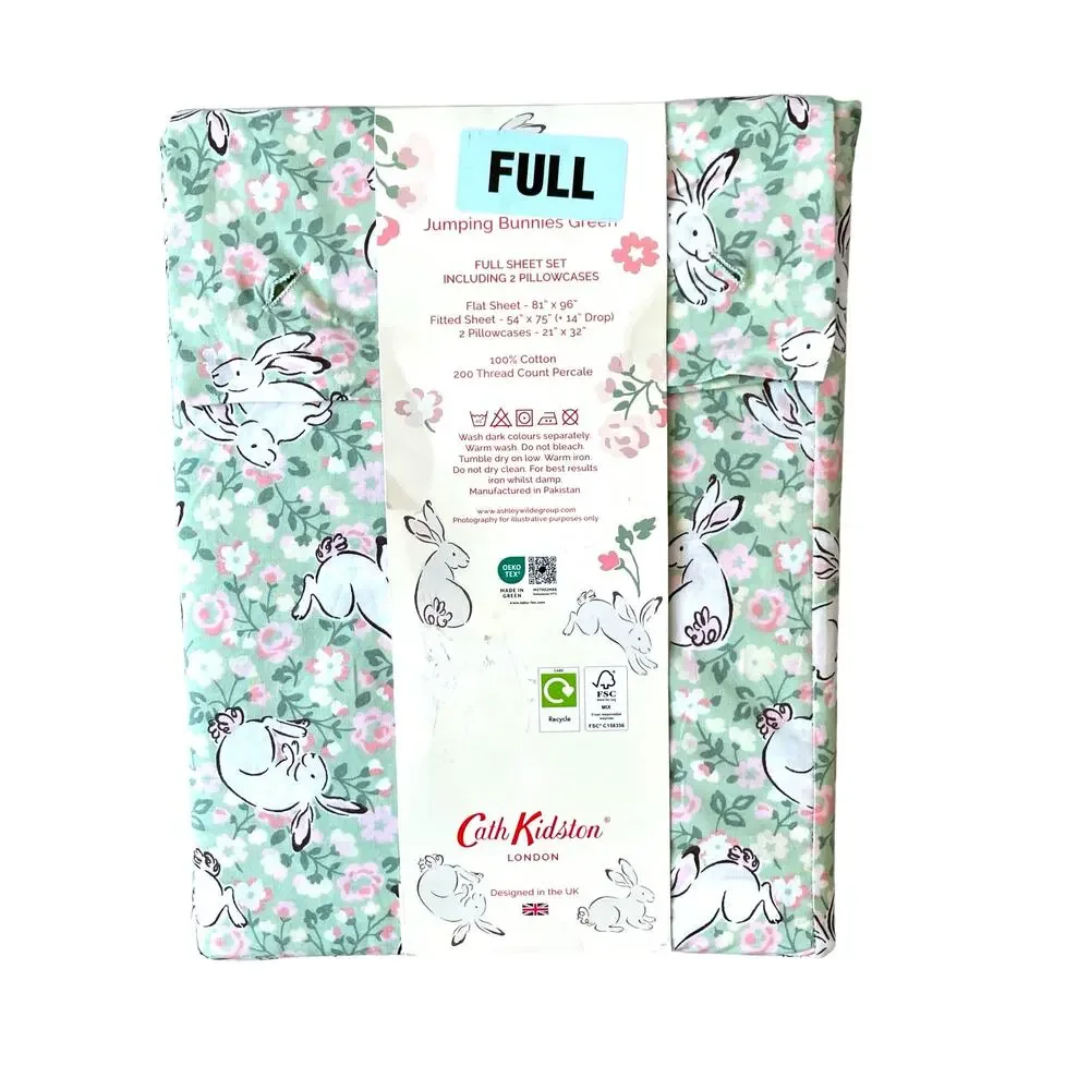 Cath Kidston london JUMPING BUNNIES GREEN Floral 4pc FULL Sheet Set NEW
